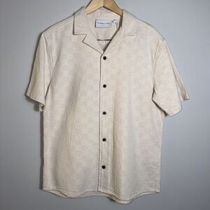 Plenum Studio Men's Textured Checkered Knit Button Up Shirt Beige Casual Medium